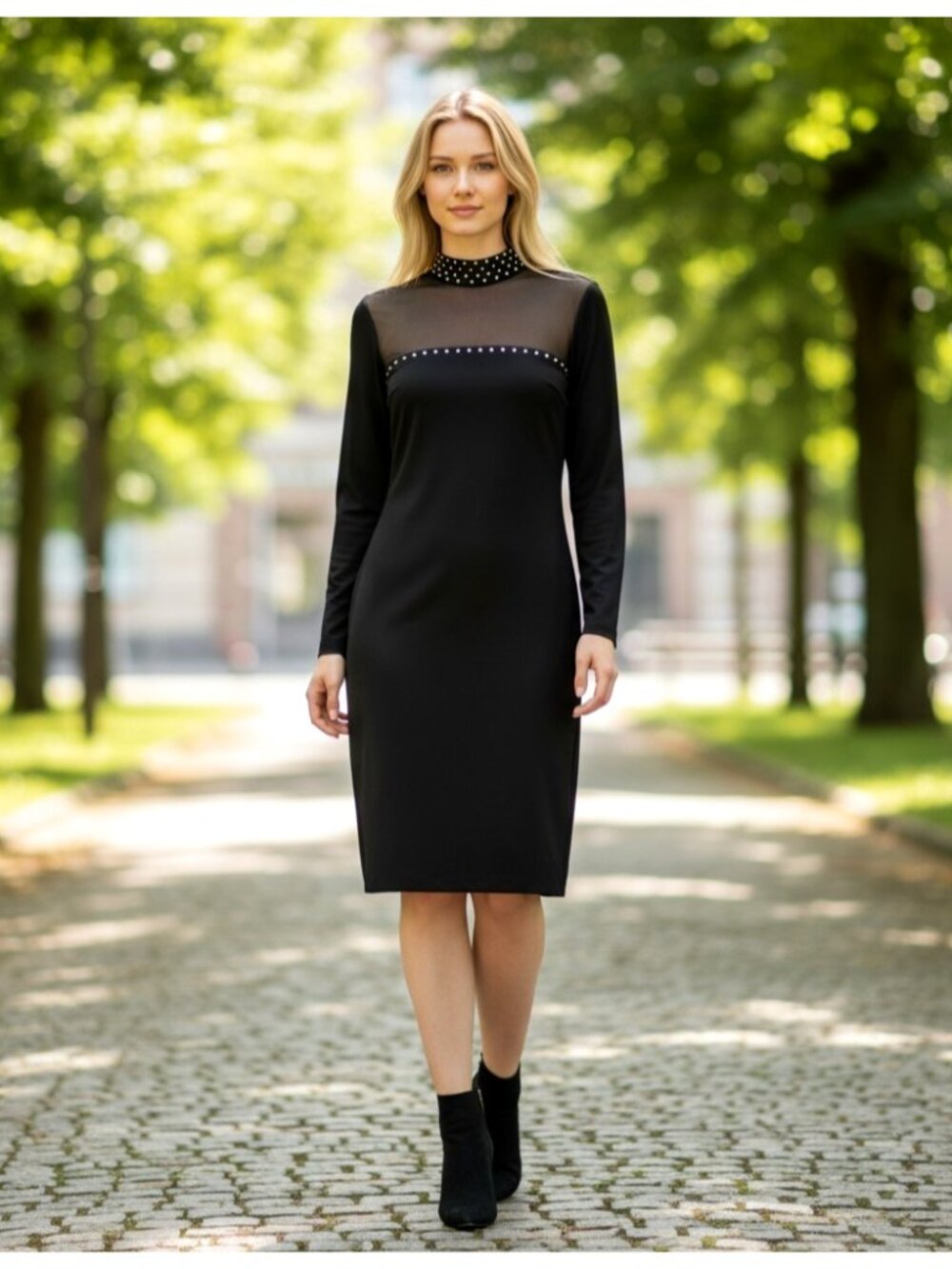 Joseph Ribkoff Couture Black Cocktail Dress Sheer Neckline Rhinestone Size 10